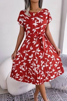 Quiet Luxury Bloom Soft CASUAL LEAF SHORT SLEEVE BIG SWING PLEATED DRESS_CWDSD2526