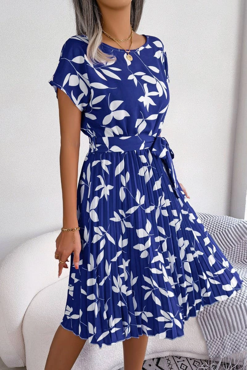 Walk Easy Sophisticated Style CASUAL LEAF SHORT SLEEVE BIG SWING PLEATED DRESS_CWDSD2526