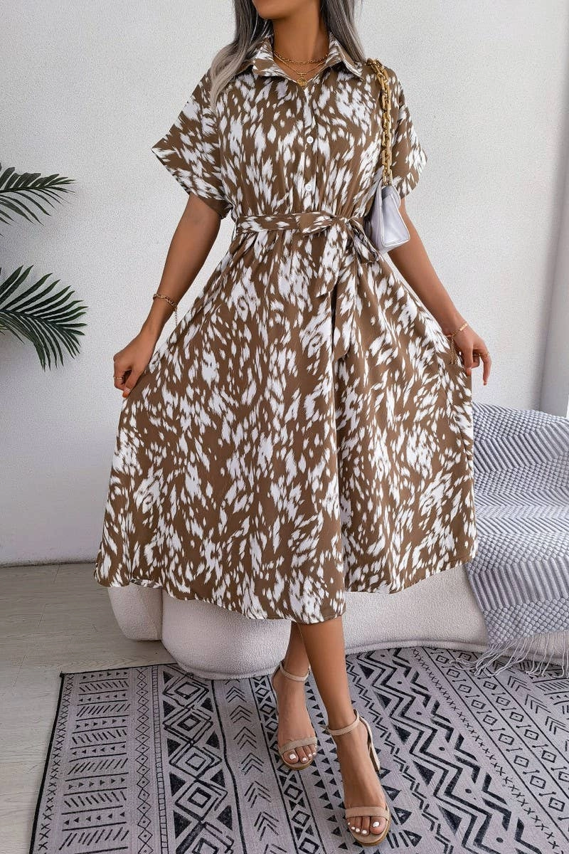 CASUAL LOOSE LEOPARD PRINT LACE UP SHIRT DRESS_CWDSD2530 Drawstring-Closure