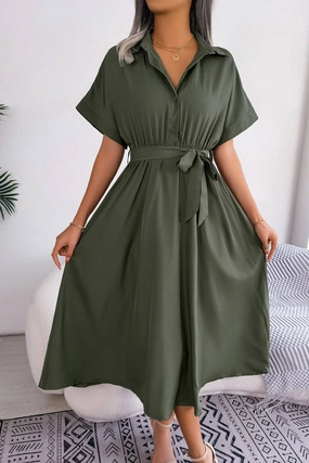 CASUAL LOOSE SOLID COLOR LACE UP SHIRT LONG DRESS_CWDSD2508 Everyday Use BreathableLining