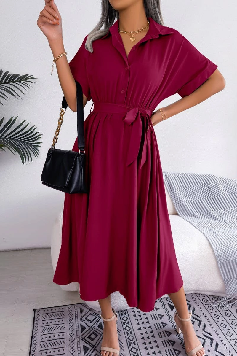 Breathable Feel CASUAL LOOSE SOLID COLOR LACE UP SHIRT LONG DRESS_CWDSD2508