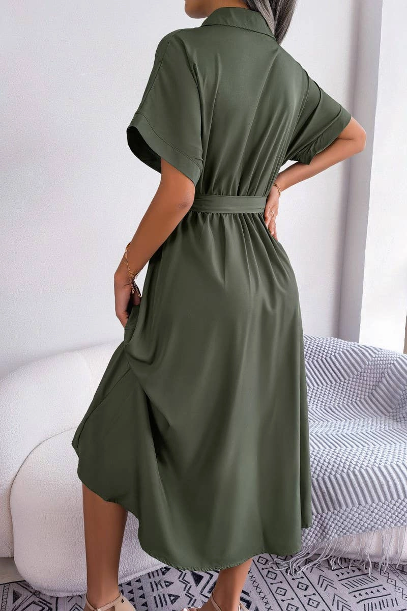 Chic And Comfortable CASUAL LOOSE SOLID COLOR LACE UP SHIRT LONG DRESS_CWDSD2508