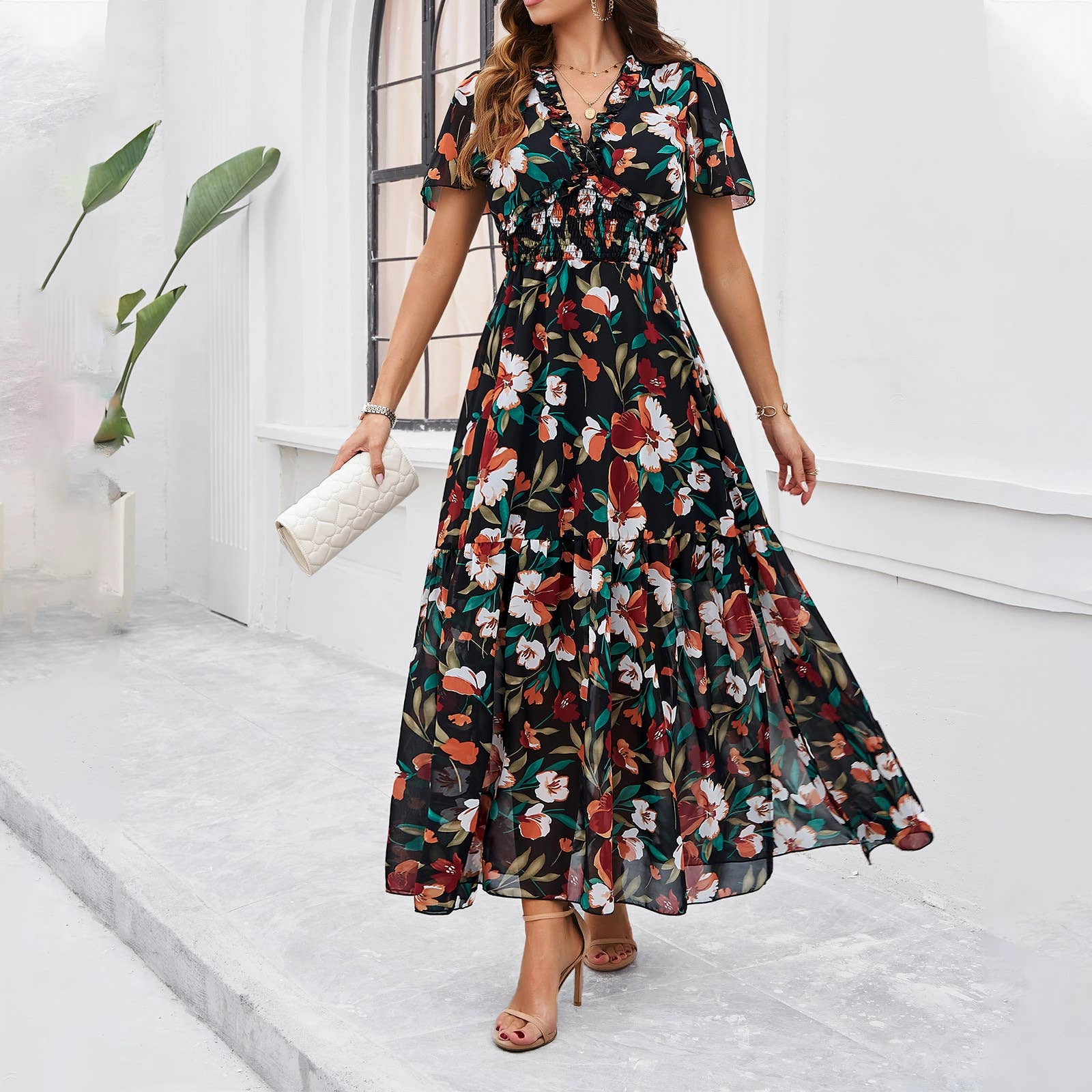 CASUAL PRINT DRESS WITH WAIST_CWDMD1914 Travel Wear