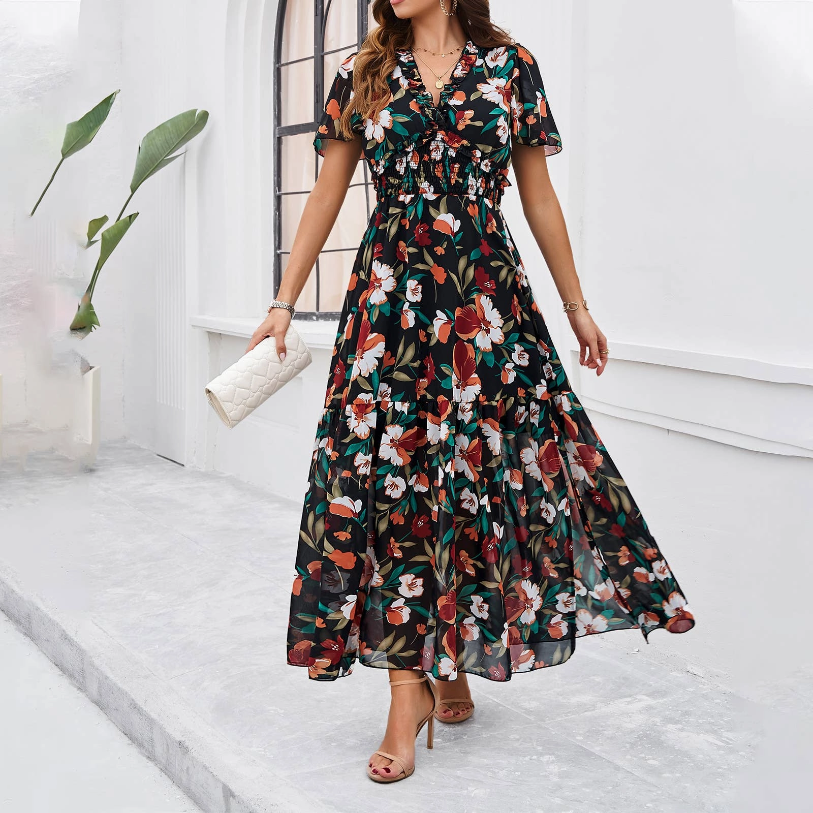 CASUAL PRINT DRESS WITH WAIST_CWDMD1914 Vibrant Design
