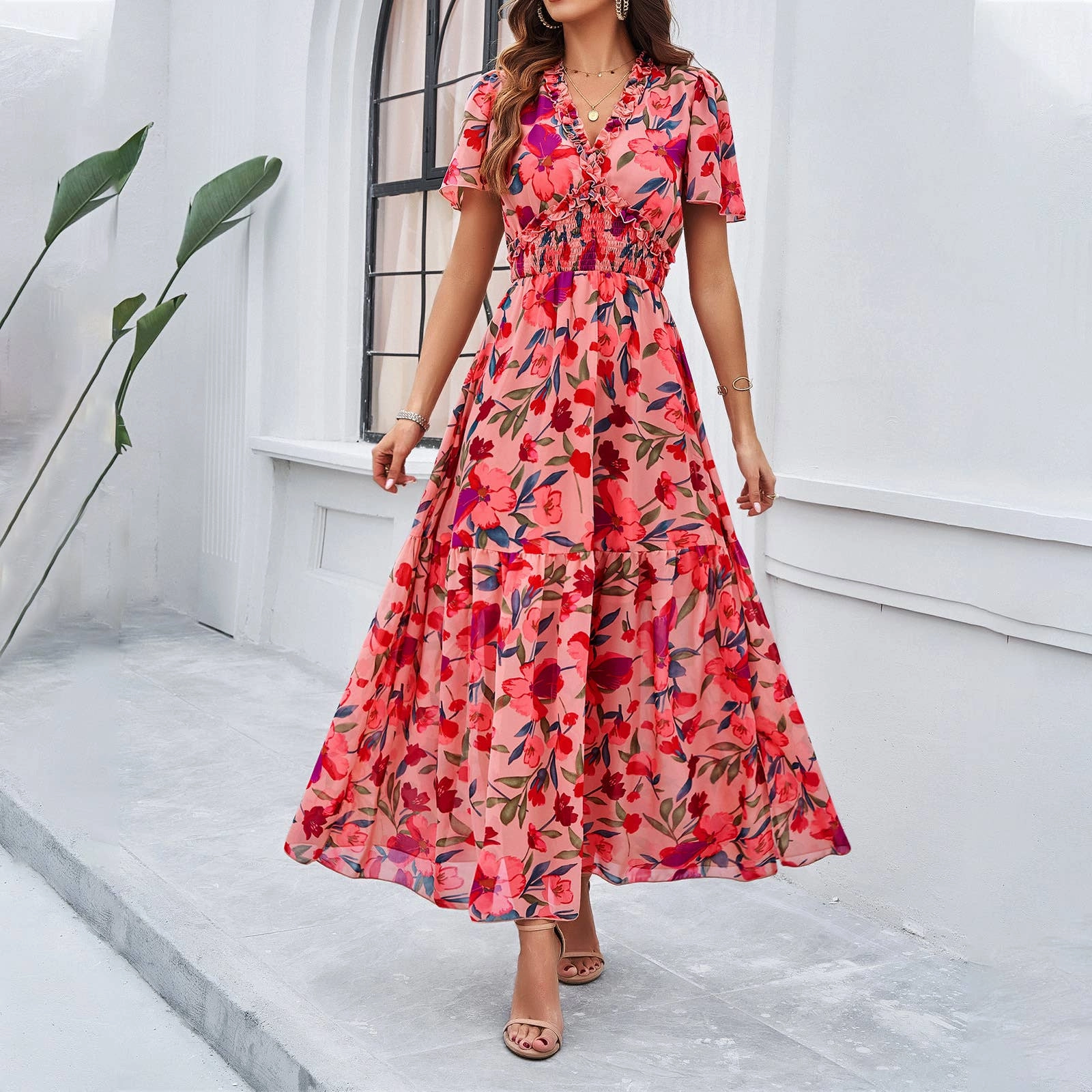 garden party One-Shoulder CASUAL PRINT DRESS WITH WAIST_CWDMD1914