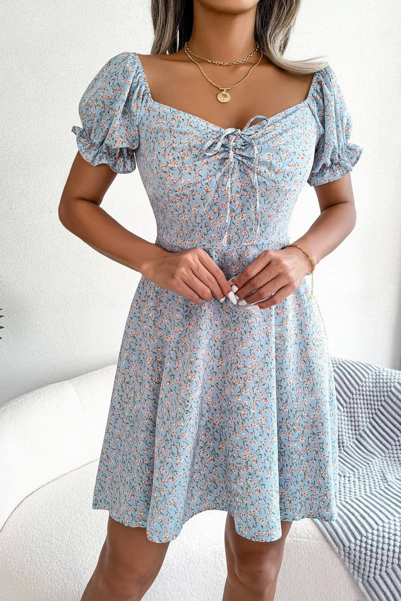 CASUAL TRUMPET SLEEVE DRAWSTRING FLORAL DRESS_CWDSD2555 Versatile Layer Wear Soft Appearance