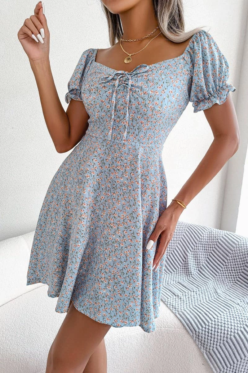 CASUAL TRUMPET SLEEVE DRAWSTRING FLORAL DRESS_CWDSD2555 Summer Air