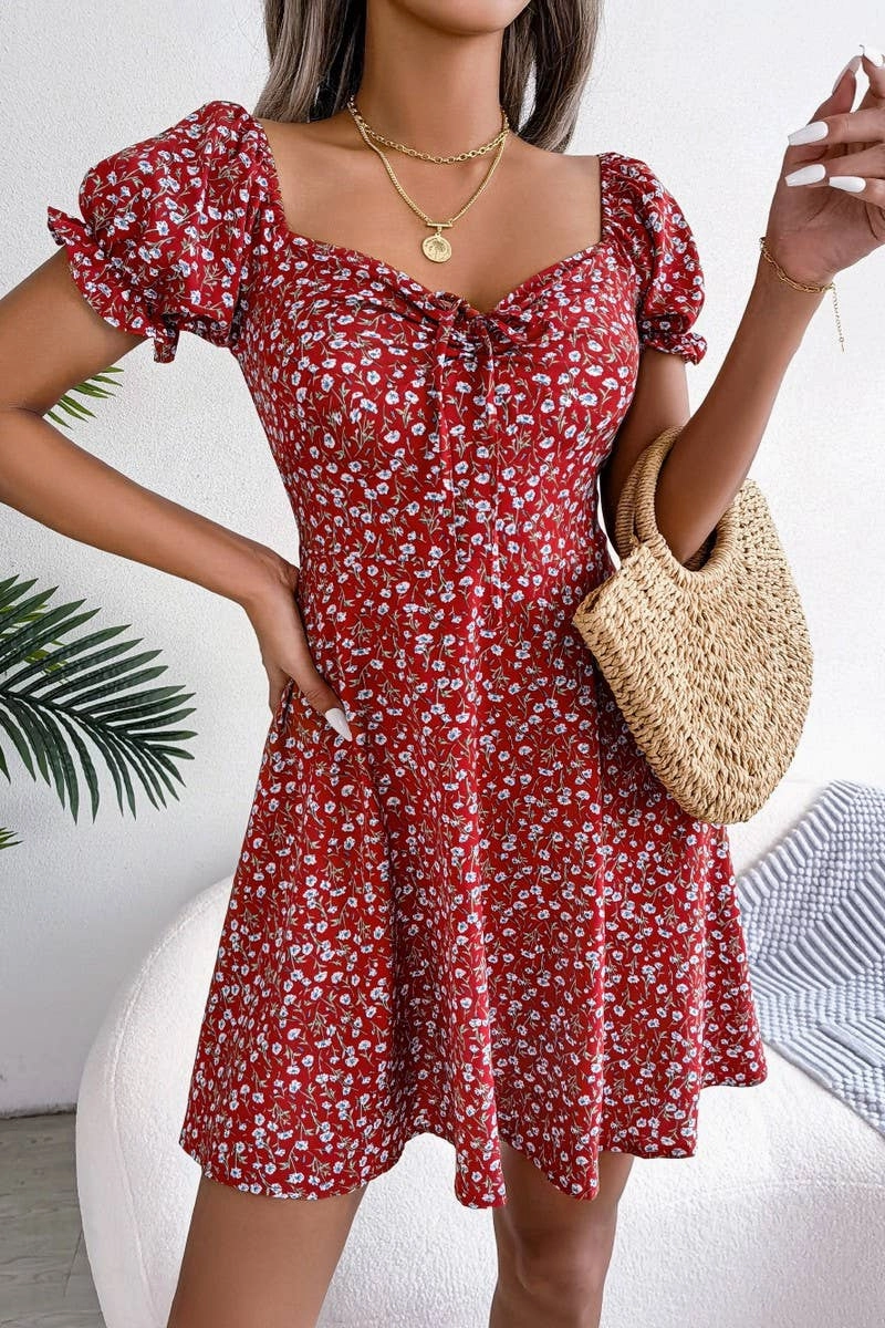 CASUAL TRUMPET SLEEVE DRAWSTRING FLORAL DRESS_CWDSD2555 Daily Style Classic knee-length dress