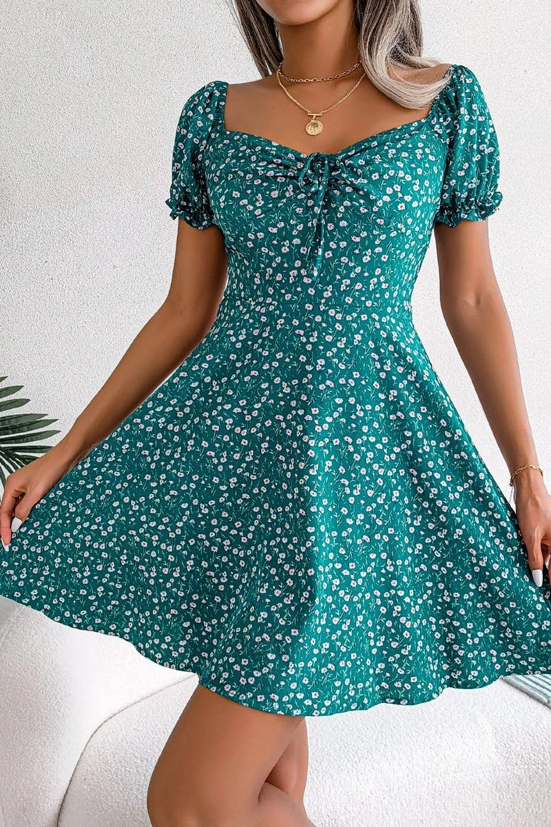 Easy Match Air Comfort CASUAL TRUMPET SLEEVE DRAWSTRING FLORAL DRESS_CWDSD2555