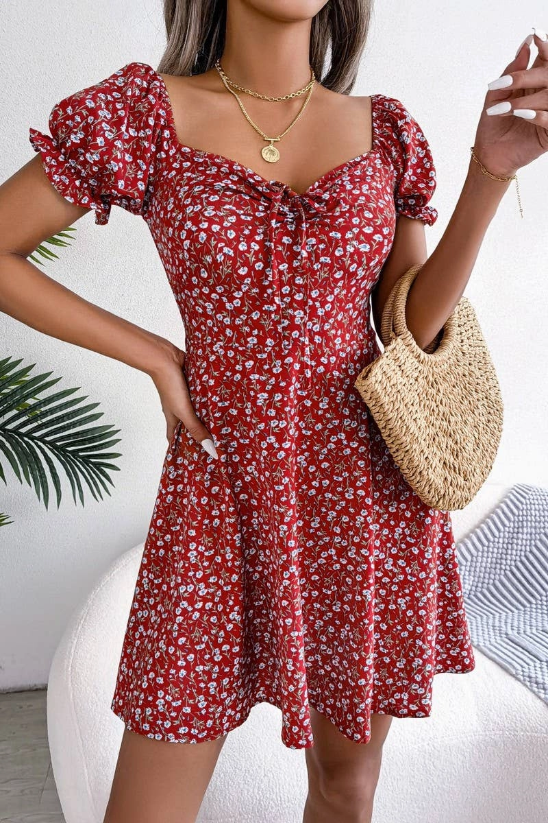 CASUAL TRUMPET SLEEVE DRAWSTRING FLORAL DRESS_CWDSD2555 Night Appeal Shirred-Detail