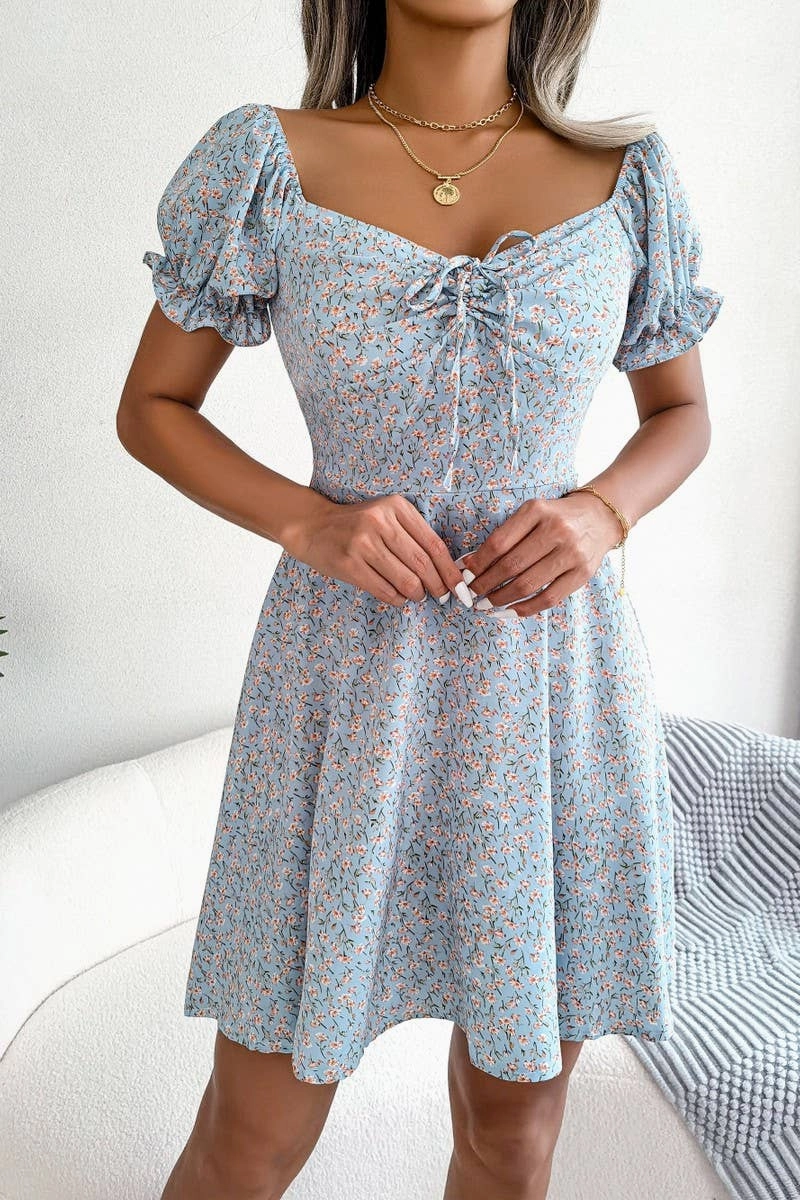 CASUAL TRUMPET SLEEVE DRAWSTRING FLORAL DRESS_CWDSD2555 Dreamy Touch