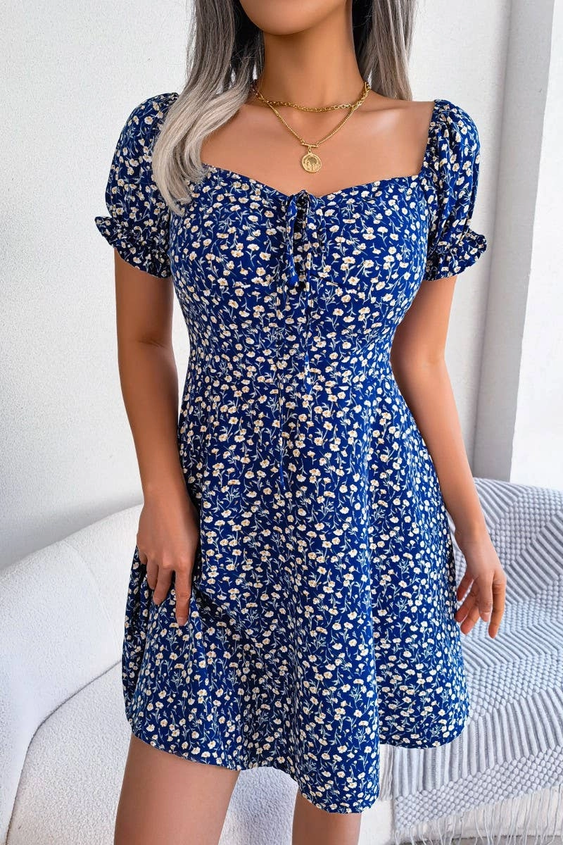 CASUAL TRUMPET SLEEVE DRAWSTRING FLORAL DRESS_CWDSD2555 Cocktail Ready Button Accent