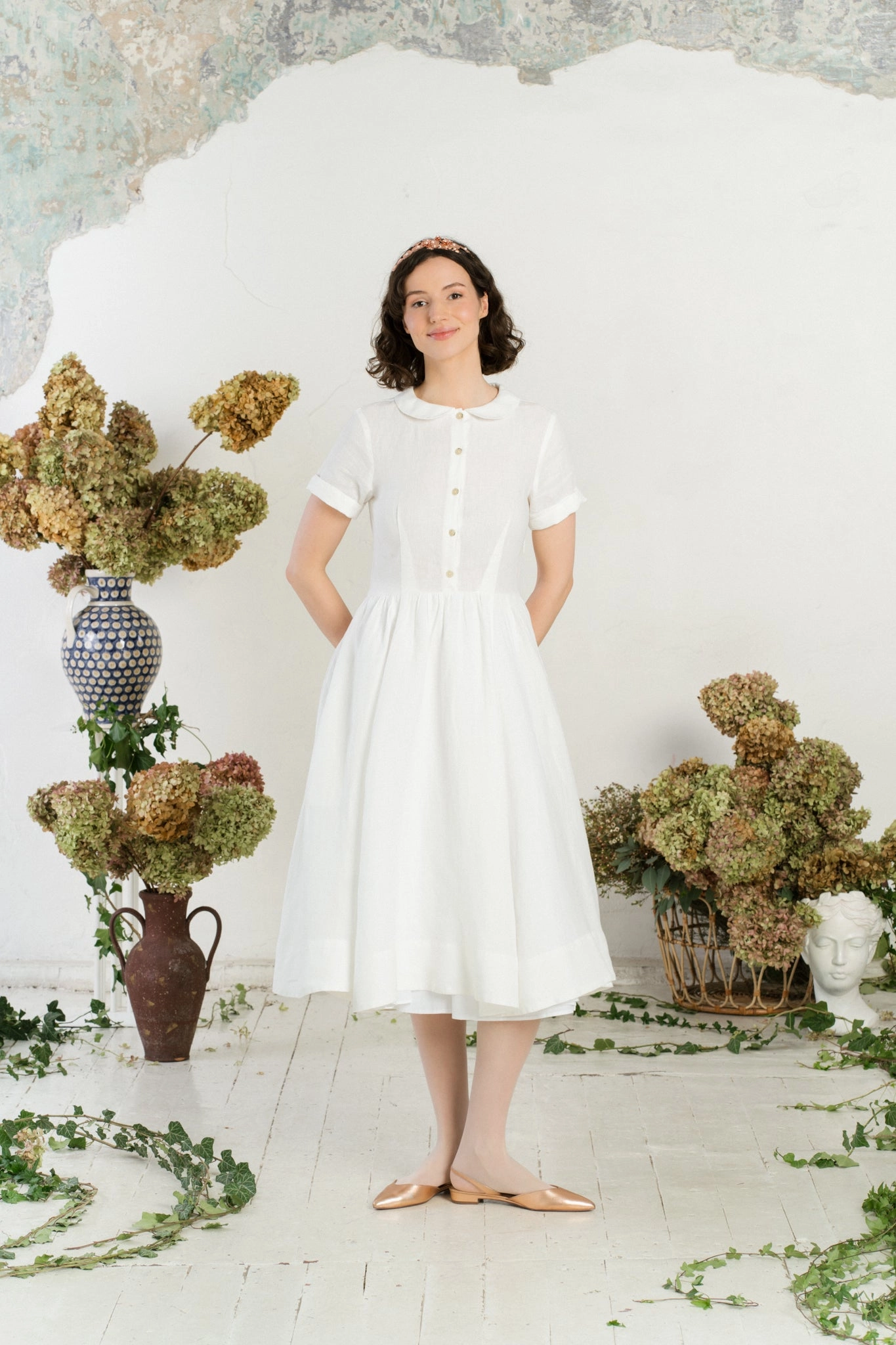 Social Charm Classic Dress, Short Sleeve, White Magnolia