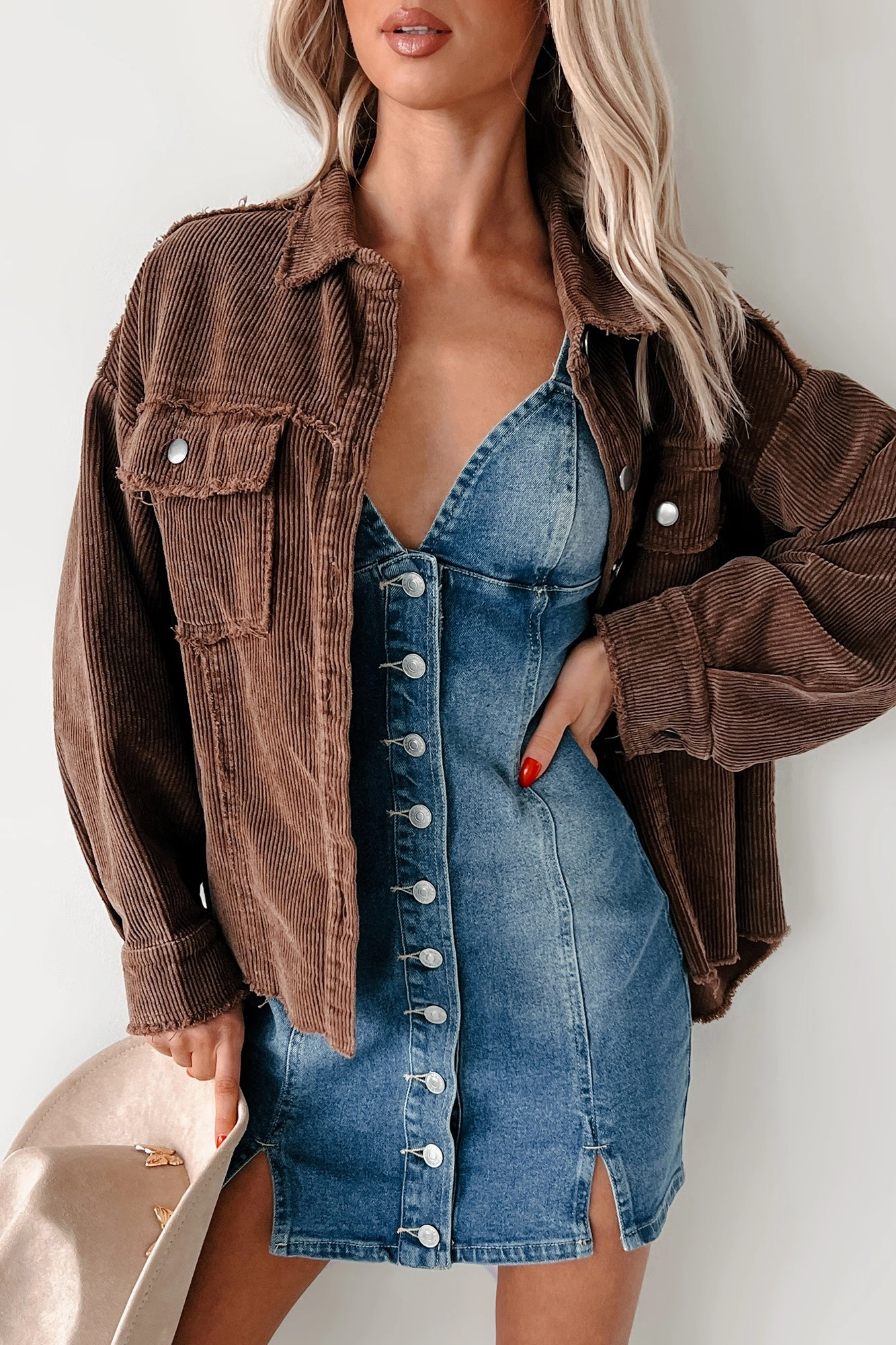 Casually Coasting Corduroy Shacket (Brown) Bright Tones