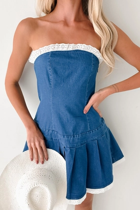 Wear Anytime Catch A Thrill Strapless Pleated Mini Dress (Denim)