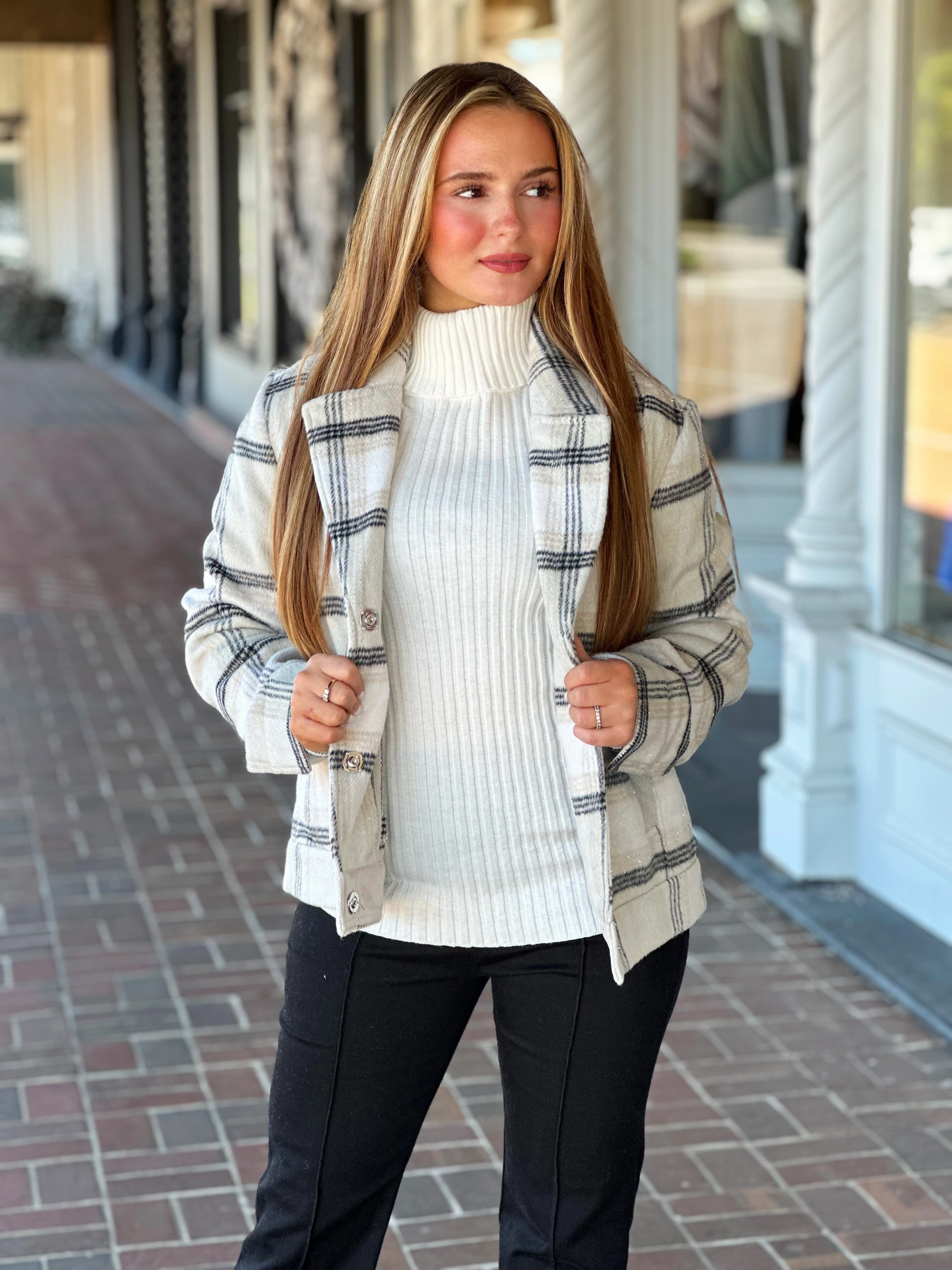 Charlie B Boucle Knit Plaid Beige Jacket Belted Style High Visibility Trim