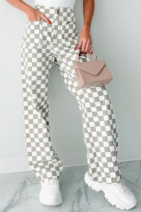 Smooth Picnic Style Minimalist Style Family Style Comfy Check Me Out Checker Print Pants (Taupe)