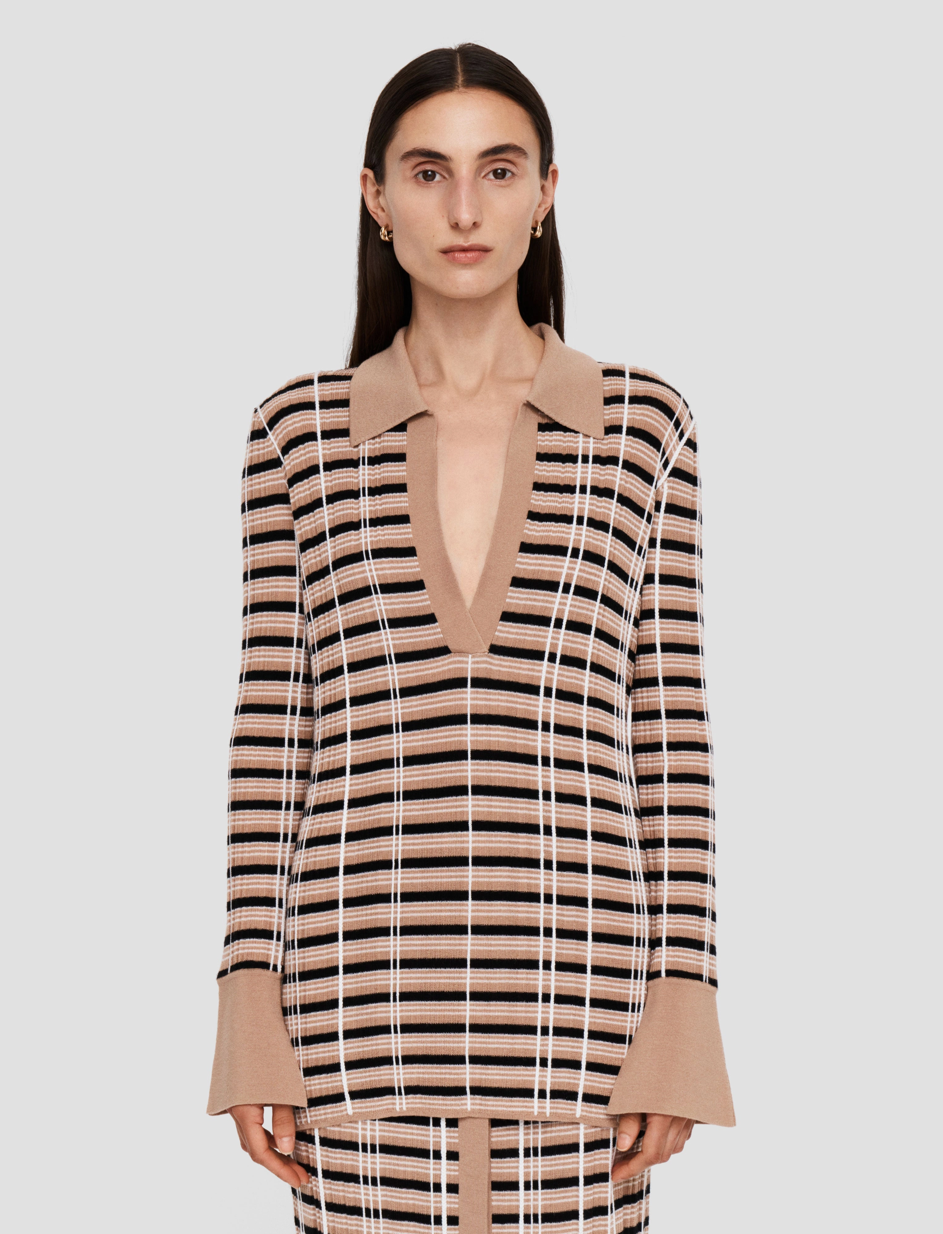 Check Wool Silk Polo Top Early Chill