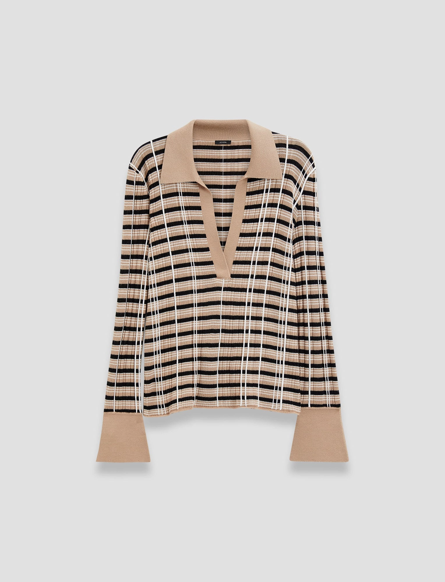 Check Wool Silk Polo Top Overlock Edge Finish