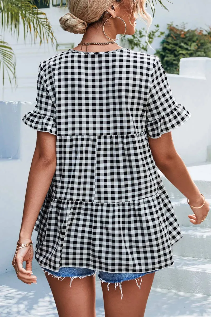 CHECKERED V NECK SHORT SLEEVED SHIRT_CWTSTS0201 Eco friendly materials MinimalistDesign