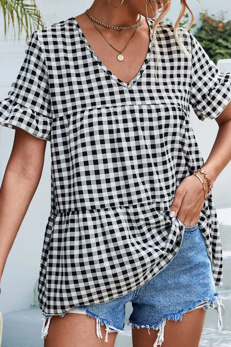 CHECKERED V NECK SHORT SLEEVED SHIRT_CWTSTS0201 EasyCareFabric