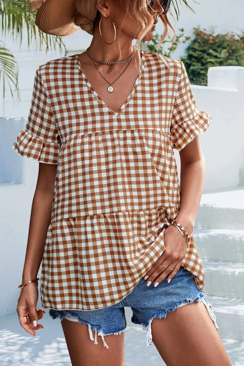 Fashion Comfort CHECKERED V NECK SHORT SLEEVED SHIRT_CWTSTS0201
