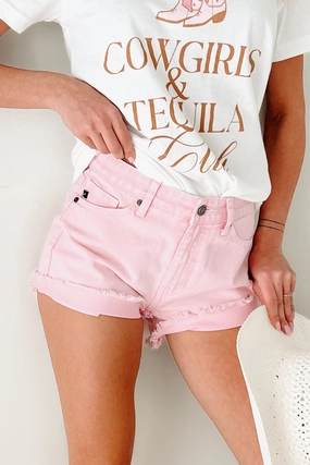 Cheyenne High Rise Frayed Kancan Denim Shorts (Pink) Outfit Ready Style