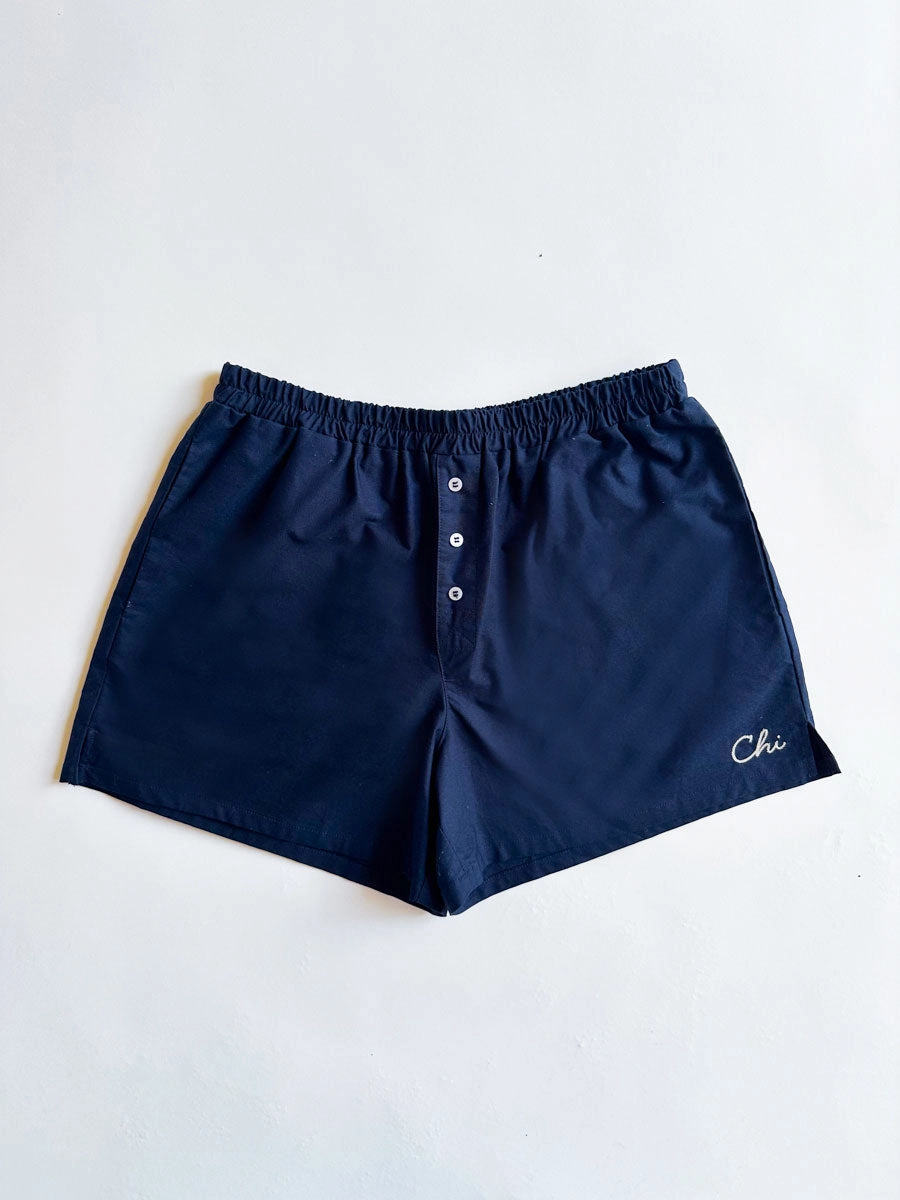 Smooth zipper closure Chi Embroidered Boxer Short - Navy & White