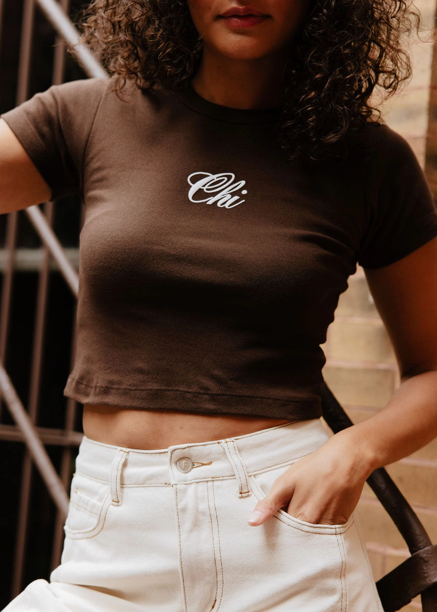 Chi Script Baby Tee - Chocolate Sporty Top