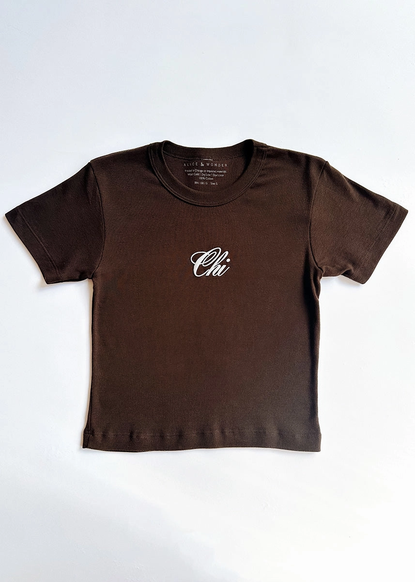 Chi Script Baby Tee - Chocolate Low Profile Zipper Closure Stylish Look
