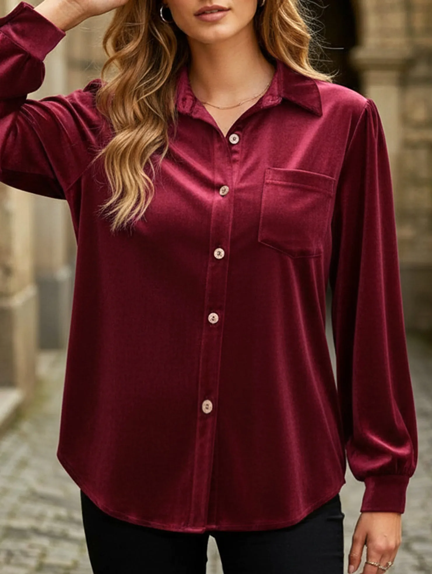 Solid color lapel lantern sleeve shirt Anti Static Interior fall season