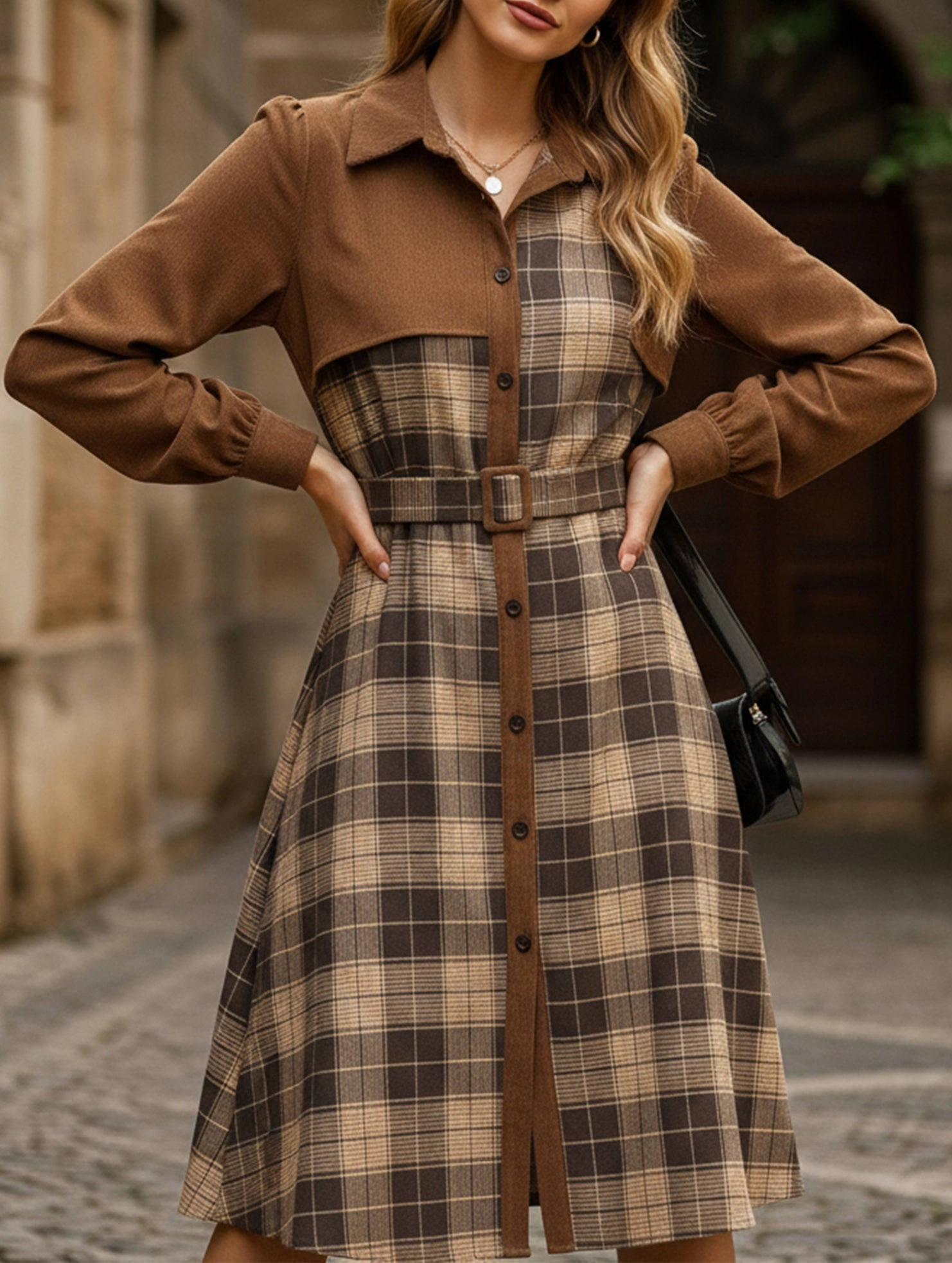 Retro-style shirt collar plaid patchwork dress Street Mode Cocktail-Party