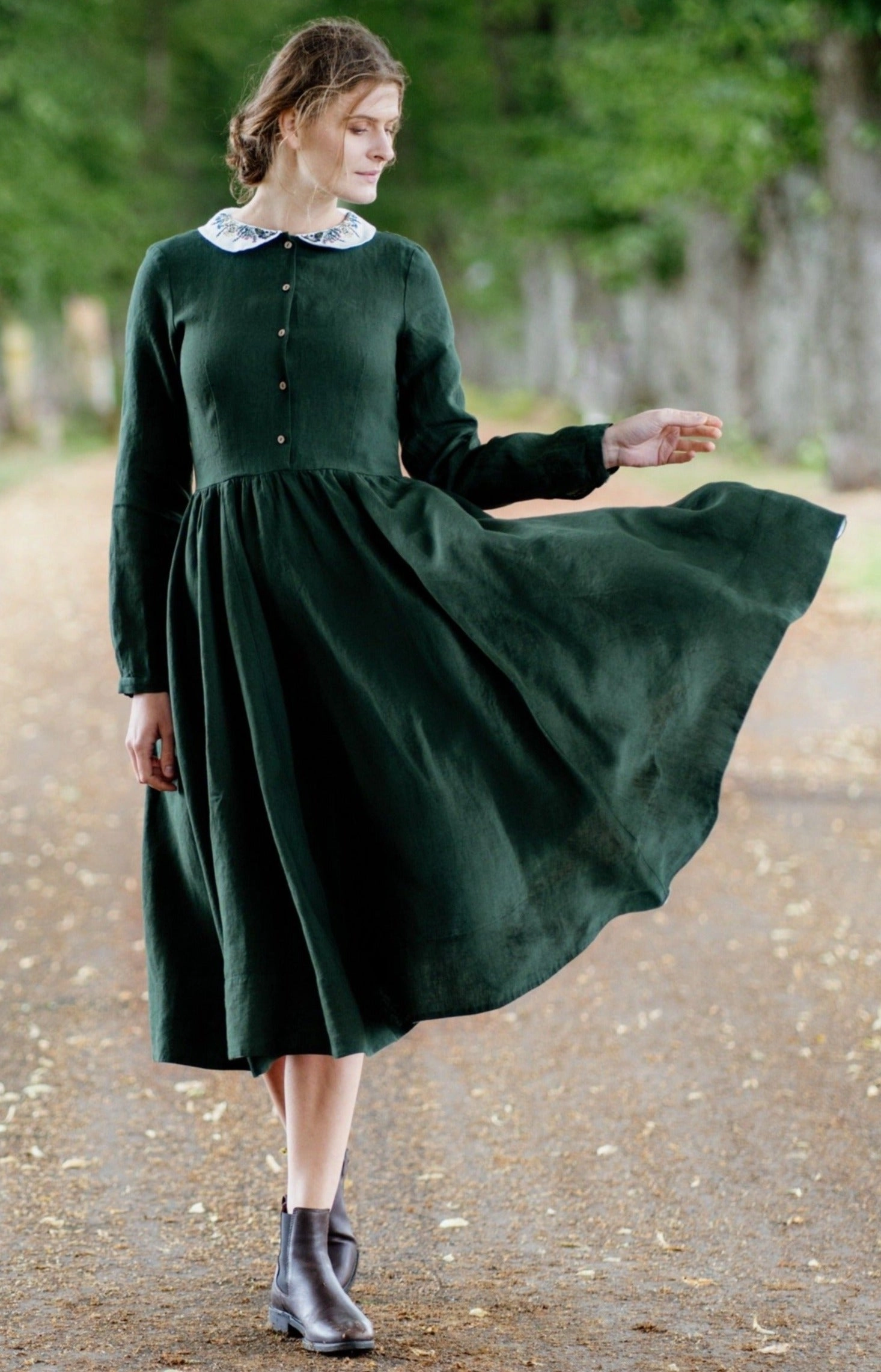 Classic Dress with Embroidered Meadow Collar, Long Sleeve Clean Stitch Summer Wardrobe