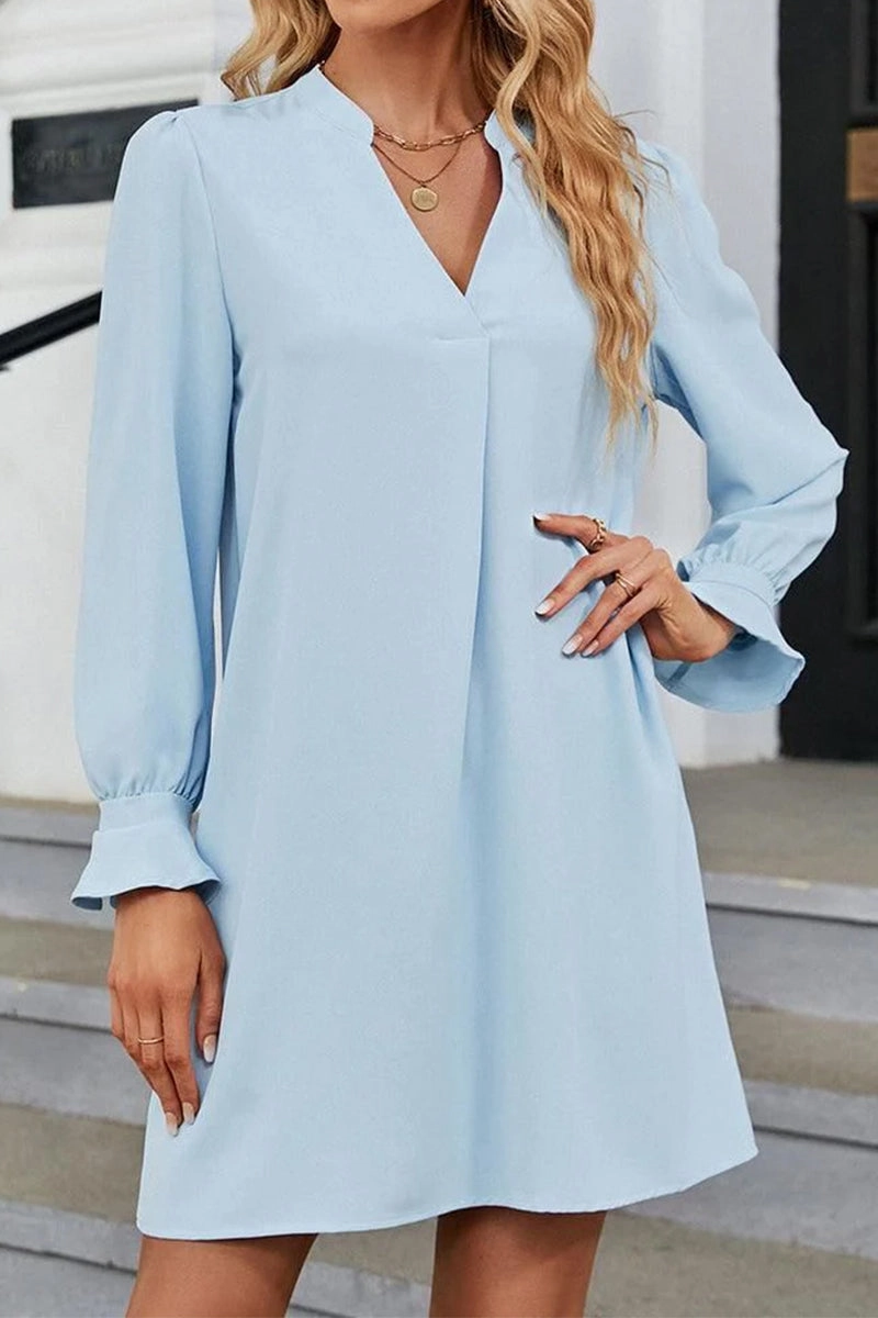 Edgy-Look WOMEN FRILLED LONG SLEEVE V NECK SOLID DRESS