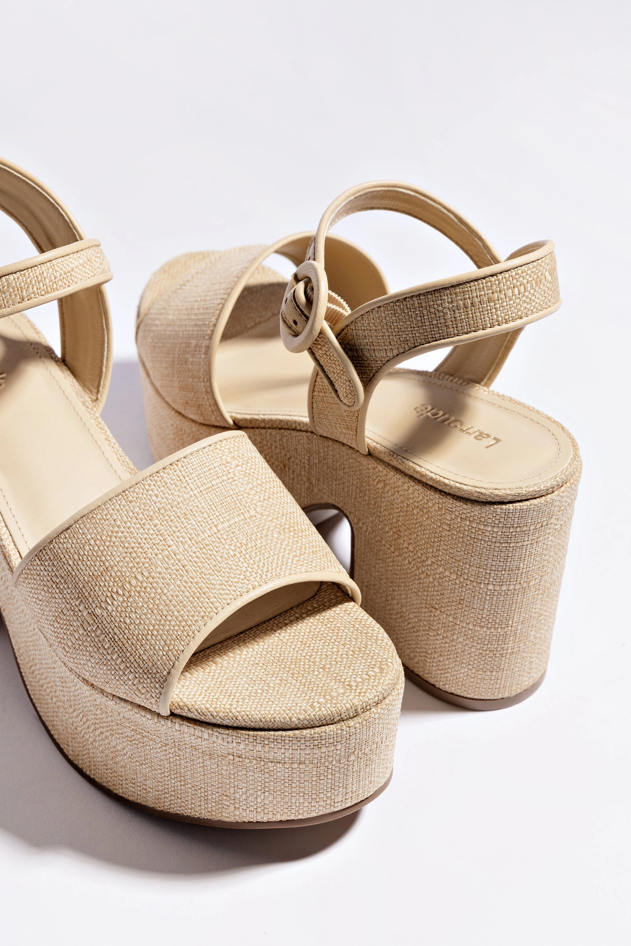 Miso Platform Strap Sandal In Beige Raffia Cushioned Insole Strap