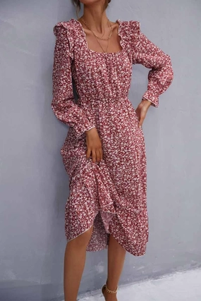 FLORAL SQUARE NECK FRILL SHOULDER DRESS Geometric-pattern