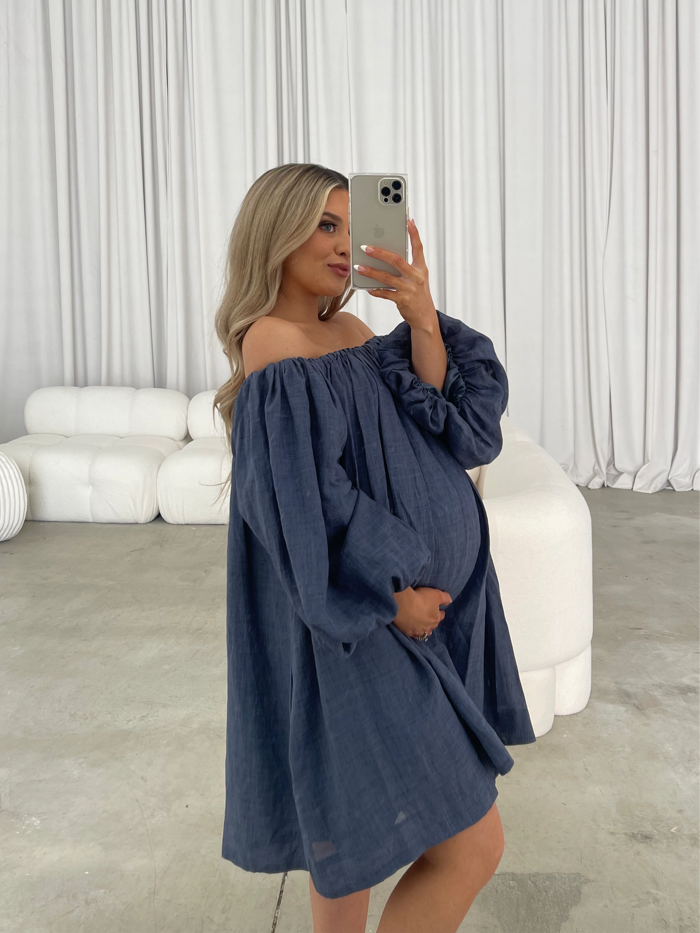 Cassidy 100% Linen On/Off Shoulder Mini Dress in Denim *Final-Sale* Event Mood