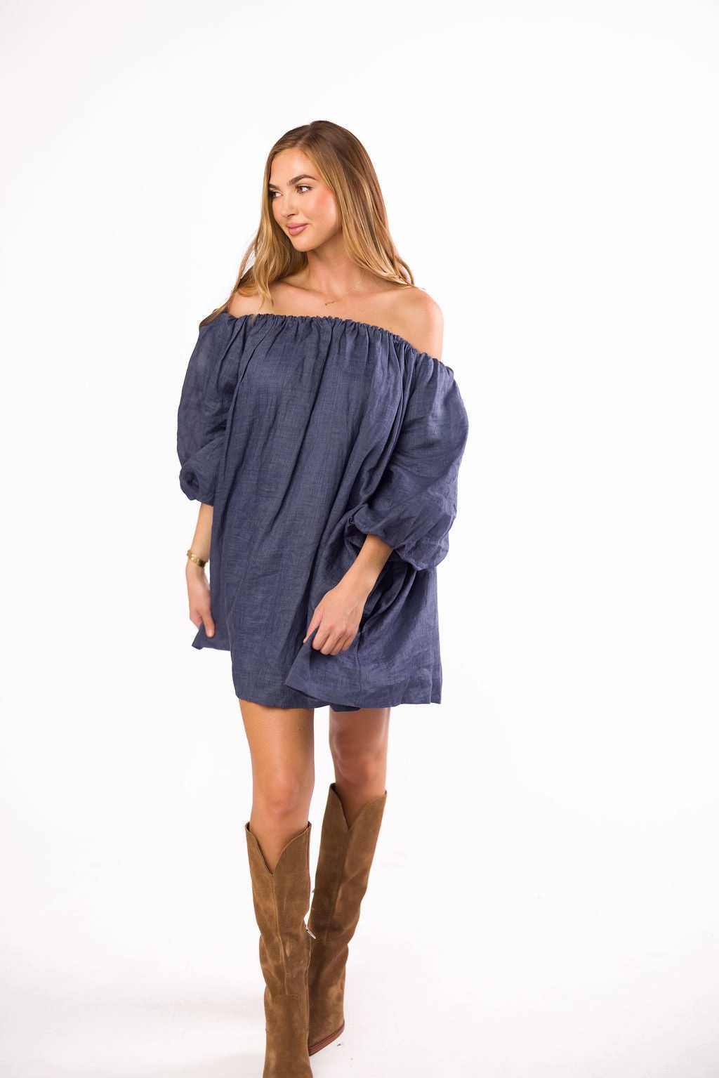 Style Base Cassidy 100% Linen On/Off Shoulder Mini Dress in Denim *Final-Sale*