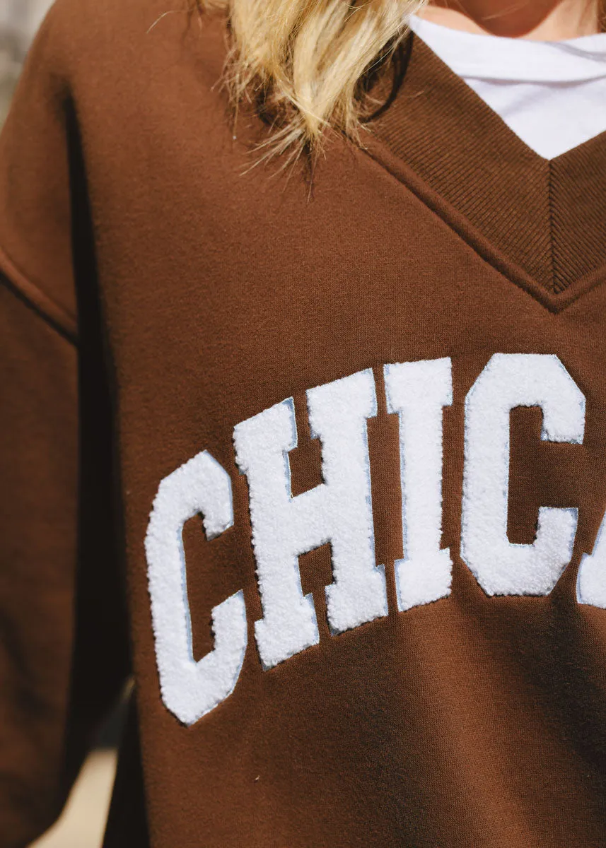 Chicago Boucle V-Neck Sweatshirt - Espresso Comfy Essentials Winter Essentials