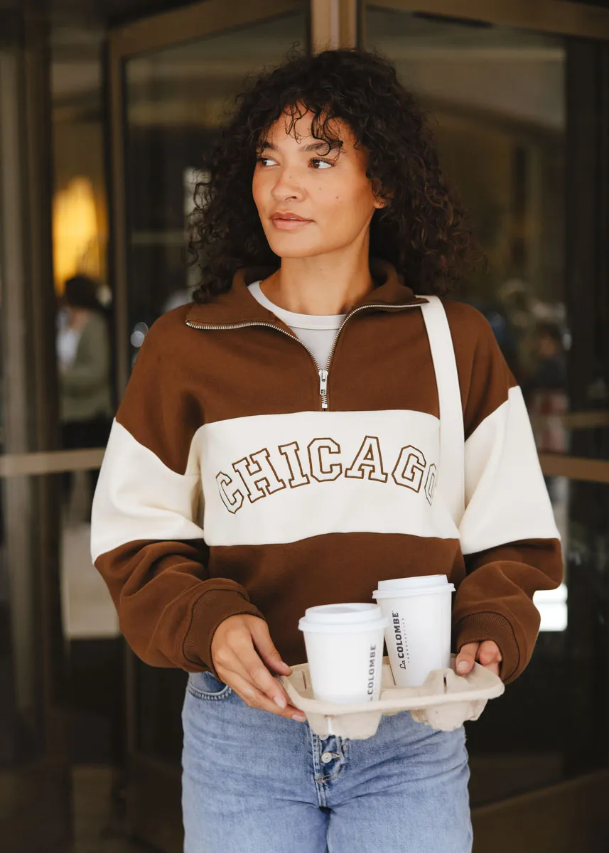 Chicago Color Blocked Quarter Zip Sweatshirt - Chocolate Zero Waste Production Thermal Lock Stitching