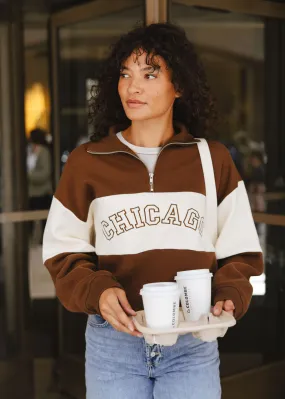 Chicago Color Blocked Quarter Zip Sweatshirt - Chocolate Zero Waste Production Thermal Lock Stitching