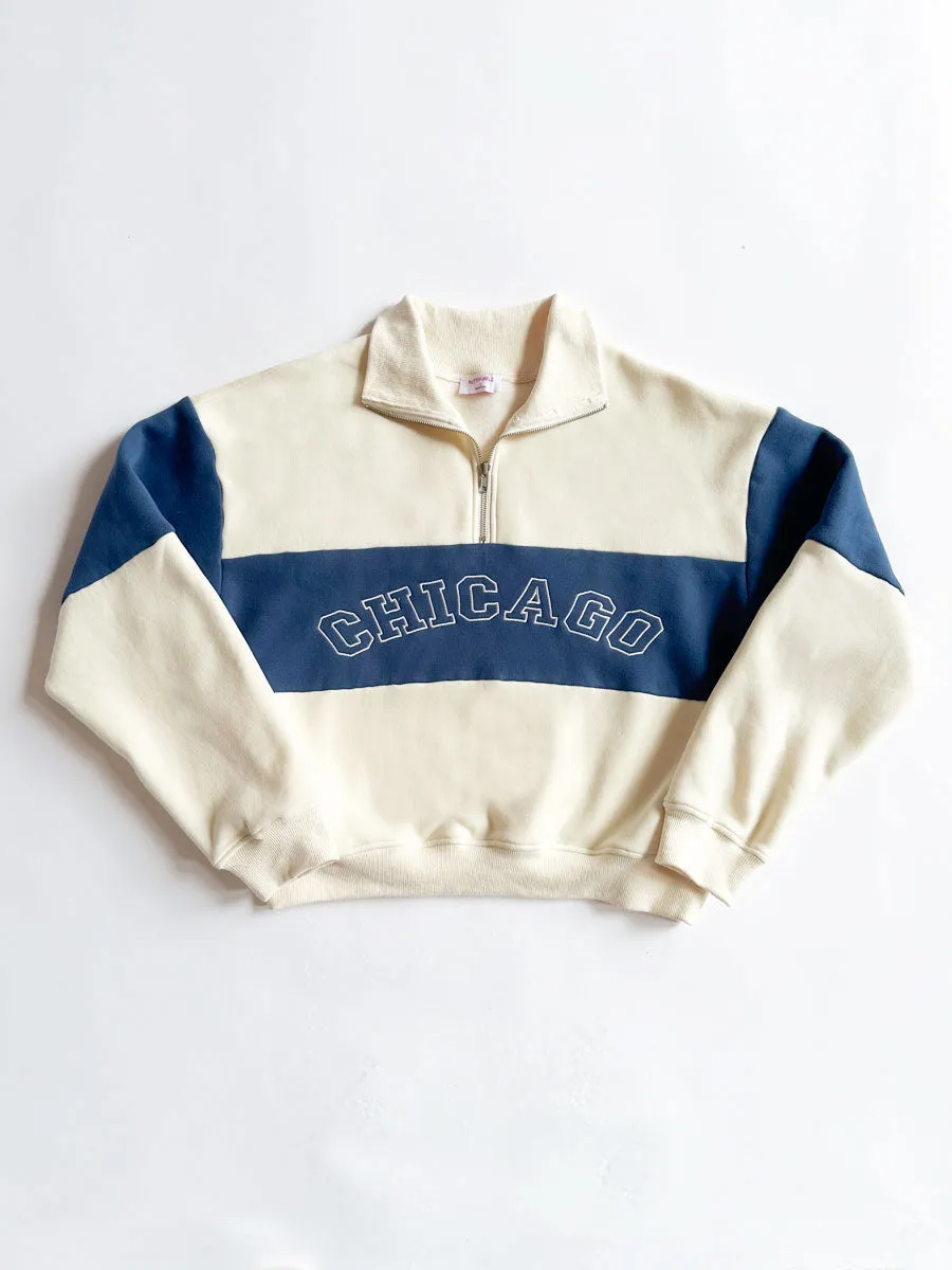 Chunky Yarn Chicago Color Blocked Quarter Zip Sweatshirt - Ivory & Blue