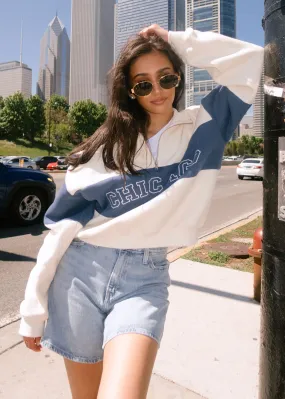 Comfortable Style Chicago Color Blocked Quarter Zip Sweatshirt - Ivory & Blue