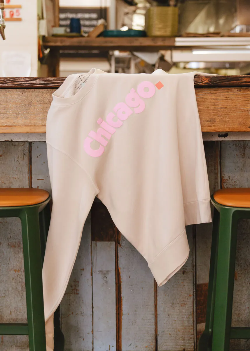 Chicago. Crewneck Sweatshirt - Ivory & Pink Casual Layering Comfy Knit