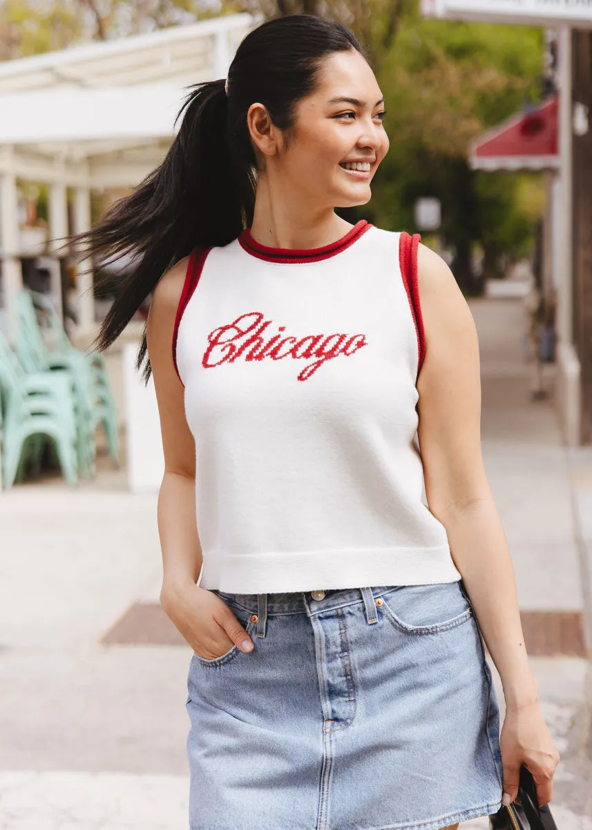 Chicago Script Ringer Sweater Vest - Ivory Red Combo Fray Resistant Edges