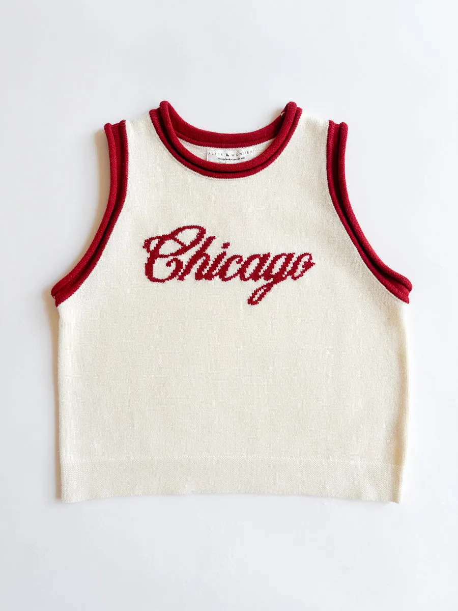 Chicago Script Ringer Sweater Vest - Ivory Red Combo High Neckline Reflective Detailing