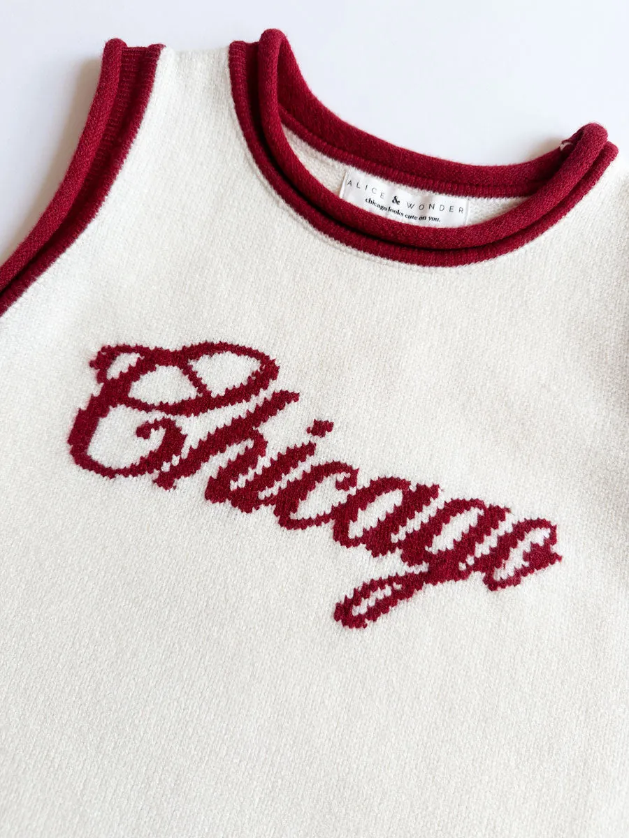 Chicago Script Ringer Sweater Vest - Ivory Red Combo Cozy Designs Cozy and Soft