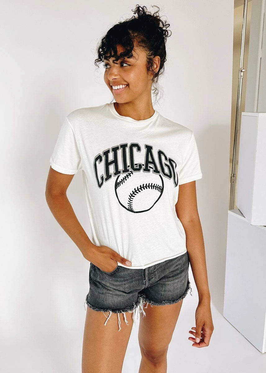 Chicago Baseball Vintage Crop T-Shirt - Black & White Combo GarmentWashed Texture