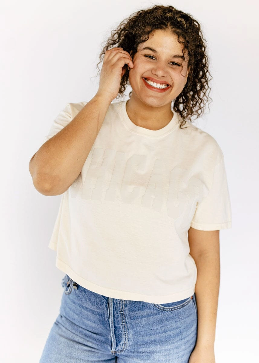 Chicago Collegiate Puff Crop Tee - Ivory WrinkleResistantWeave Classic Cut