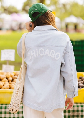 Chicago Denim Jacket - Blue White Pinstripe Noise Reducing Fabric Hidden Ventilation Zones
